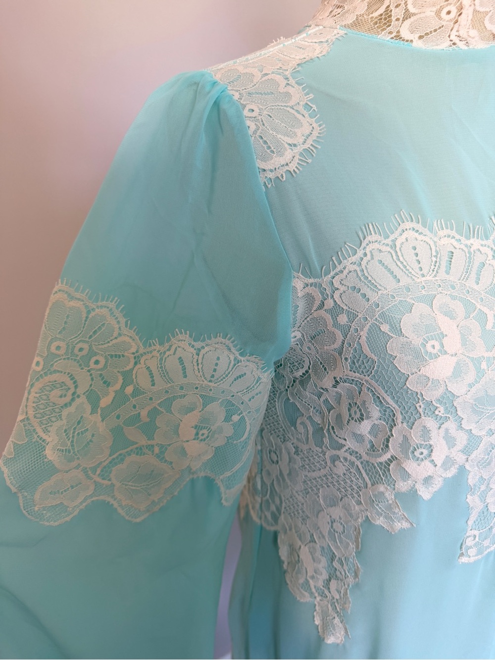 Aqua Lace Appliqué Sheer Sleeve Shift Dress - Picture 3 of 10